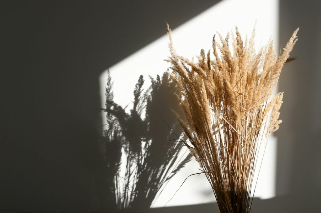 Minimalistic composition with a bouquet of dry herbs in the interior.